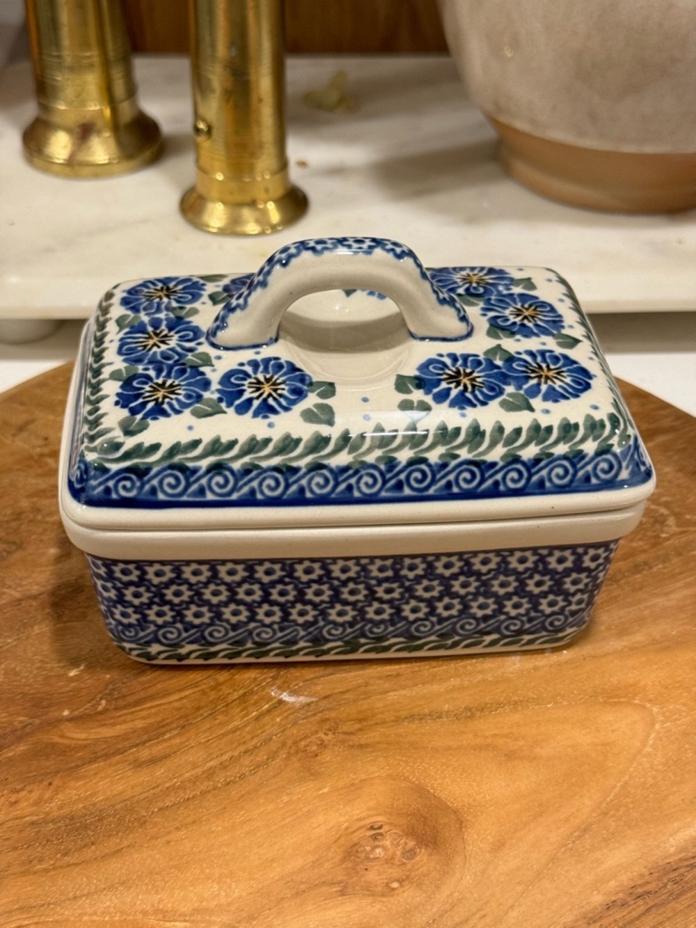 Hand Made Polish Pottery
Butter Dish Blue & White Floral
 Signed